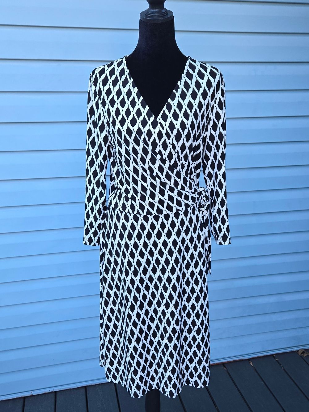 Lauren Ralph Lauren Womens 10 Black White Geometric Print Jersey Midi Wrap Dress